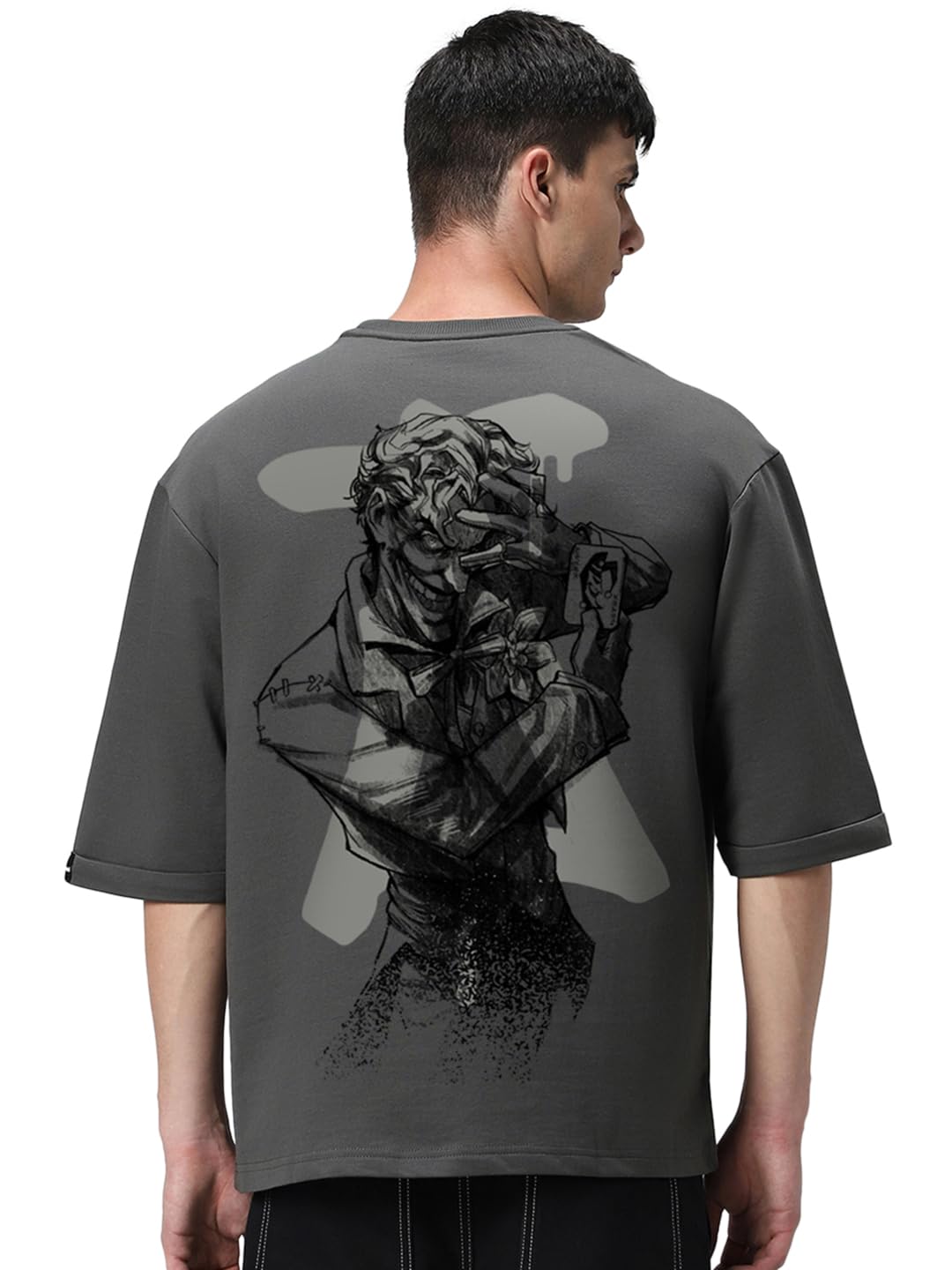 Bewakoof Official DC Merchandise Joker Mens Graphic Printed Super Loose Fit Half Sleeve Round Neck Terry T-Shirt_654819_Grey_L
