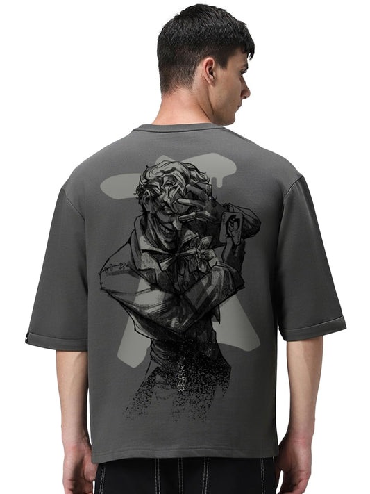 Bewakoof Official DC Merchandise Joker Mens Graphic Printed Super Loose Fit Half Sleeve Round Neck Terry T-Shirt_654819_Grey_L