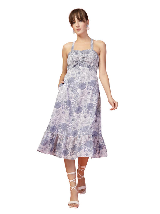 Oomph! WomenS Western & Fusion Wear Printed Crepe Dress For Women, Smocked Bodice, Blue - Md1059
