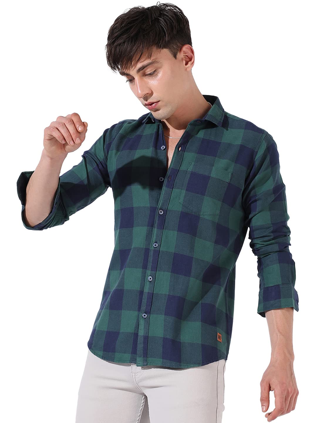 Campus Sutra Mens Green Checkered Button Up Collared Shirt for Casual Wear | Shirt Crafted with Regular Sleeve, Comfort Fit & H