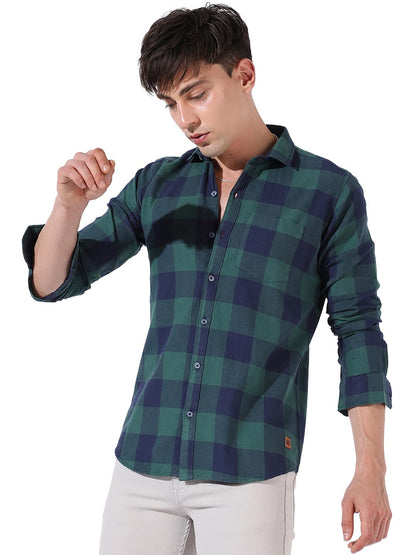 Campus Sutra Mens Green Checkered Button Up Collared Shirt for Casual Wear | Shirt Crafted with Regular Sleeve, Comfort Fit & H