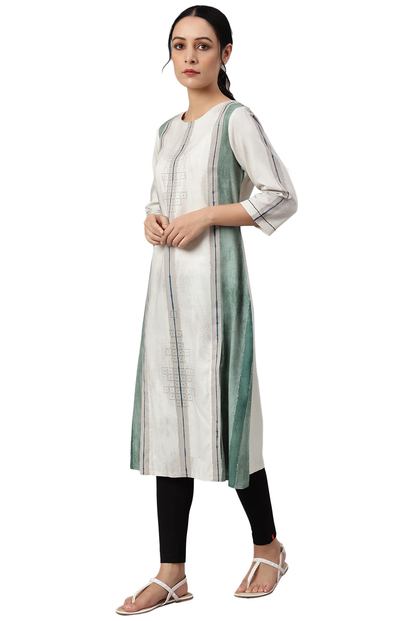 W for Woman Viscose Printed Round Neck A Line Kurta for Women