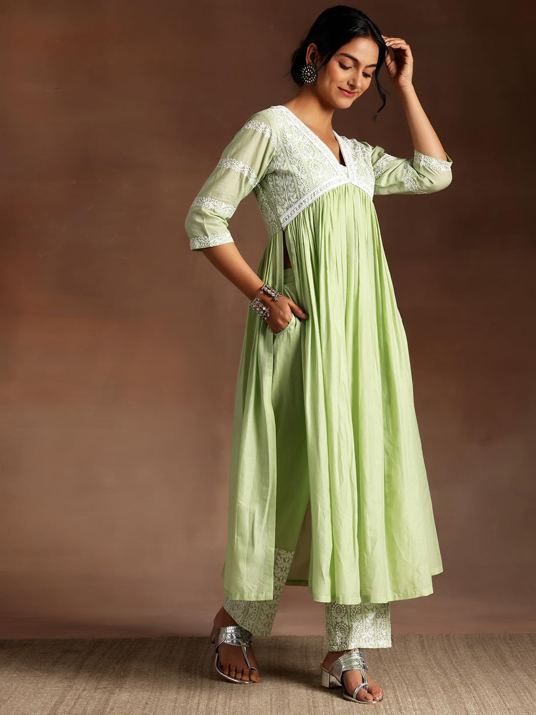 Libas Womens Embroidered Cotton A-Line Kurta With Palazzos And Dupatta