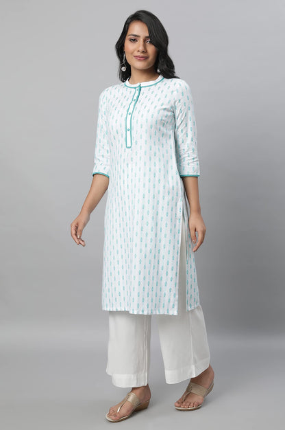 Aurelia Blue Floral Printed Printed Cotton Regular Kurta With Lace