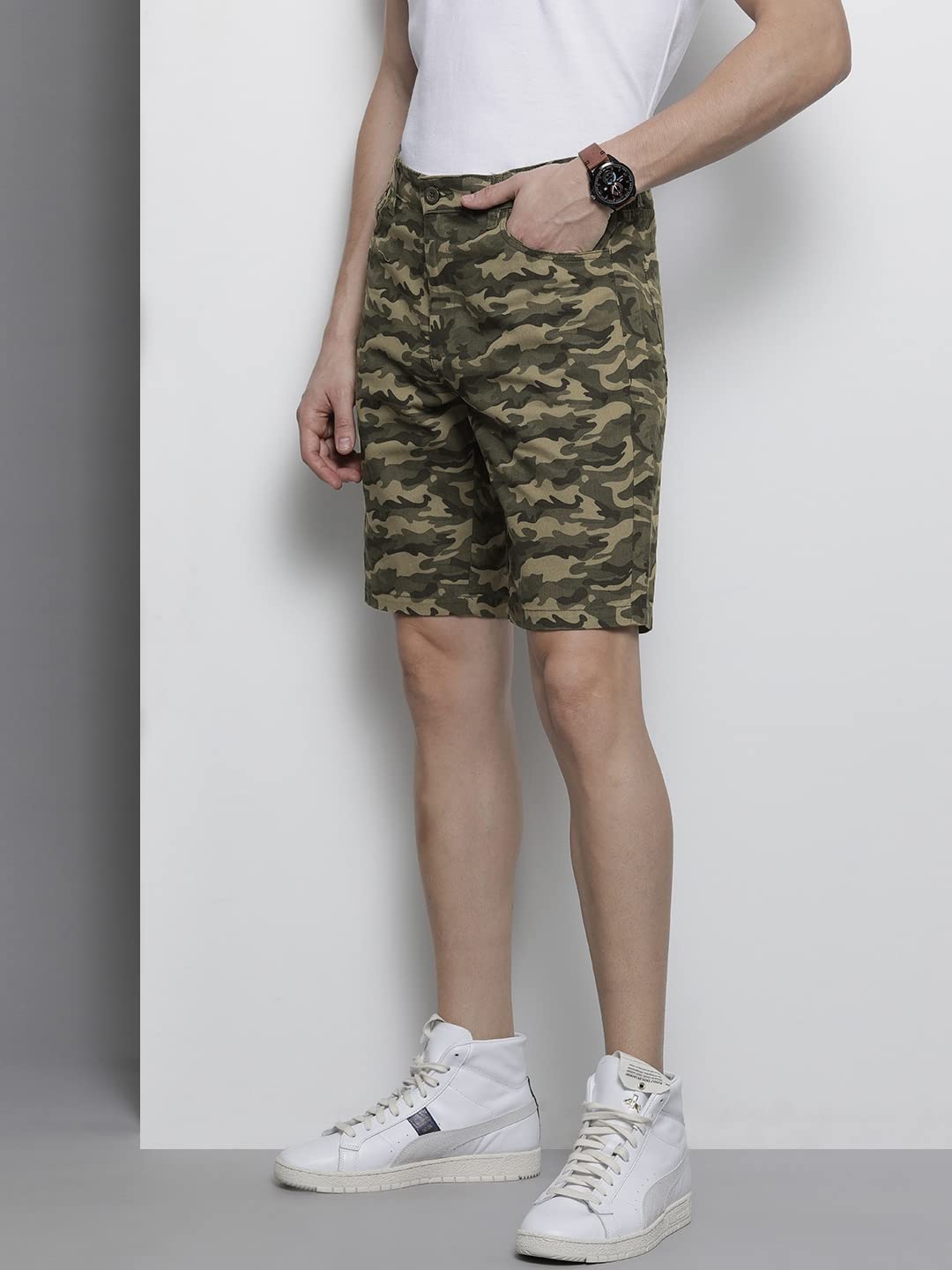 The Indian Garage Co Men Slim Fit Solid Mid-Rise Chino Shorts Olive Camo
