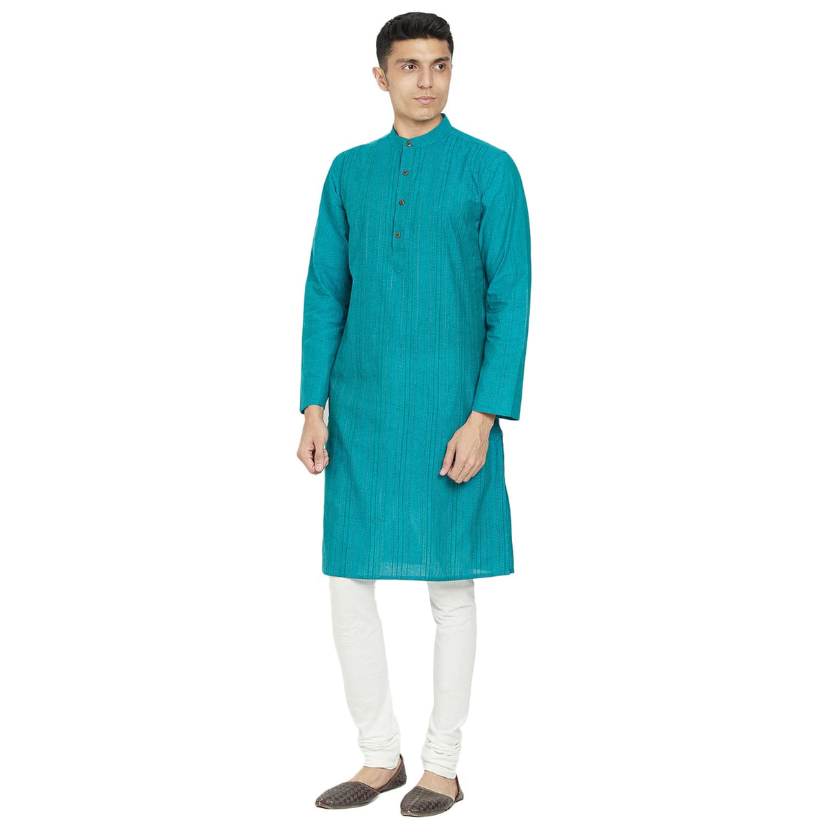 Fabindia MenS Cotton Printed Slim Kurta_Teal_Xs