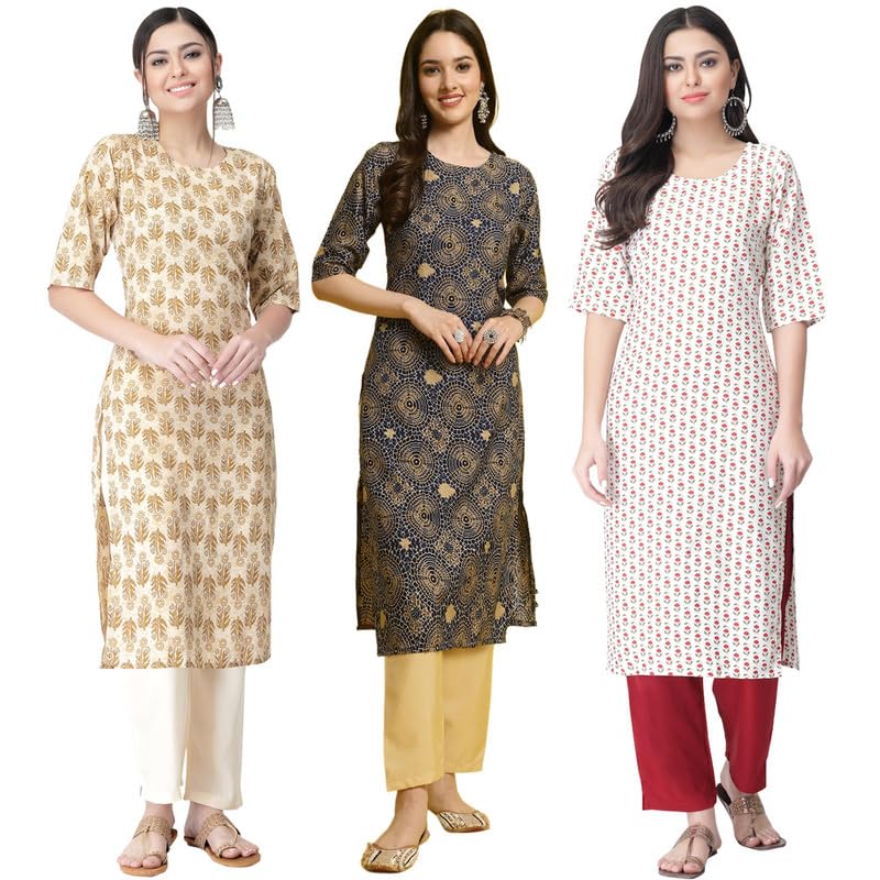 Pinkmint WomenS Crepe Printed Kurta Pant Straight Kurta Set For Women(Pack Of 3)