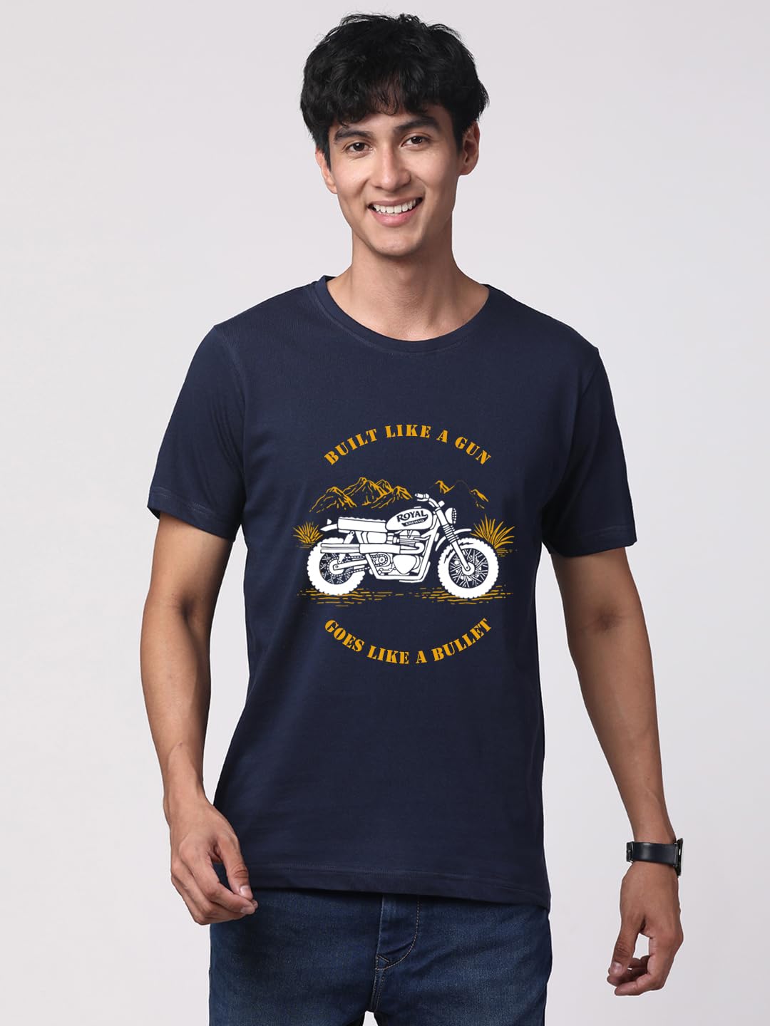 ADRO Men's Royal Bike Design Printed 100% Cotton T-Shirt - Regular Fit, Printed T-Shirts for Men (RN24-RYL-NB_Navy)