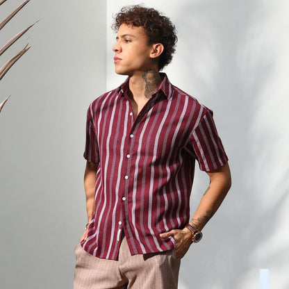 Campus Sutra Mens Maroon Red Pencil Striped Shirt | Casual Wear | Spread Collar | Short Sleeve | Button Closure | Shirt Crafted