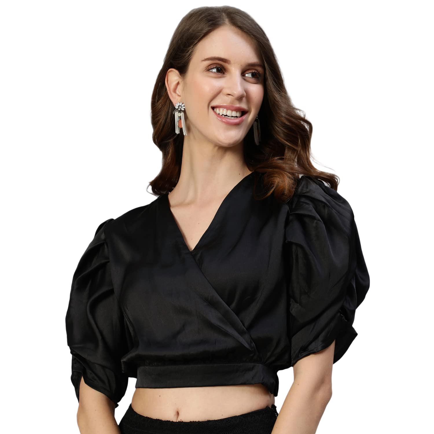 Ishin WomenS Black Solid Wrap Crop Top