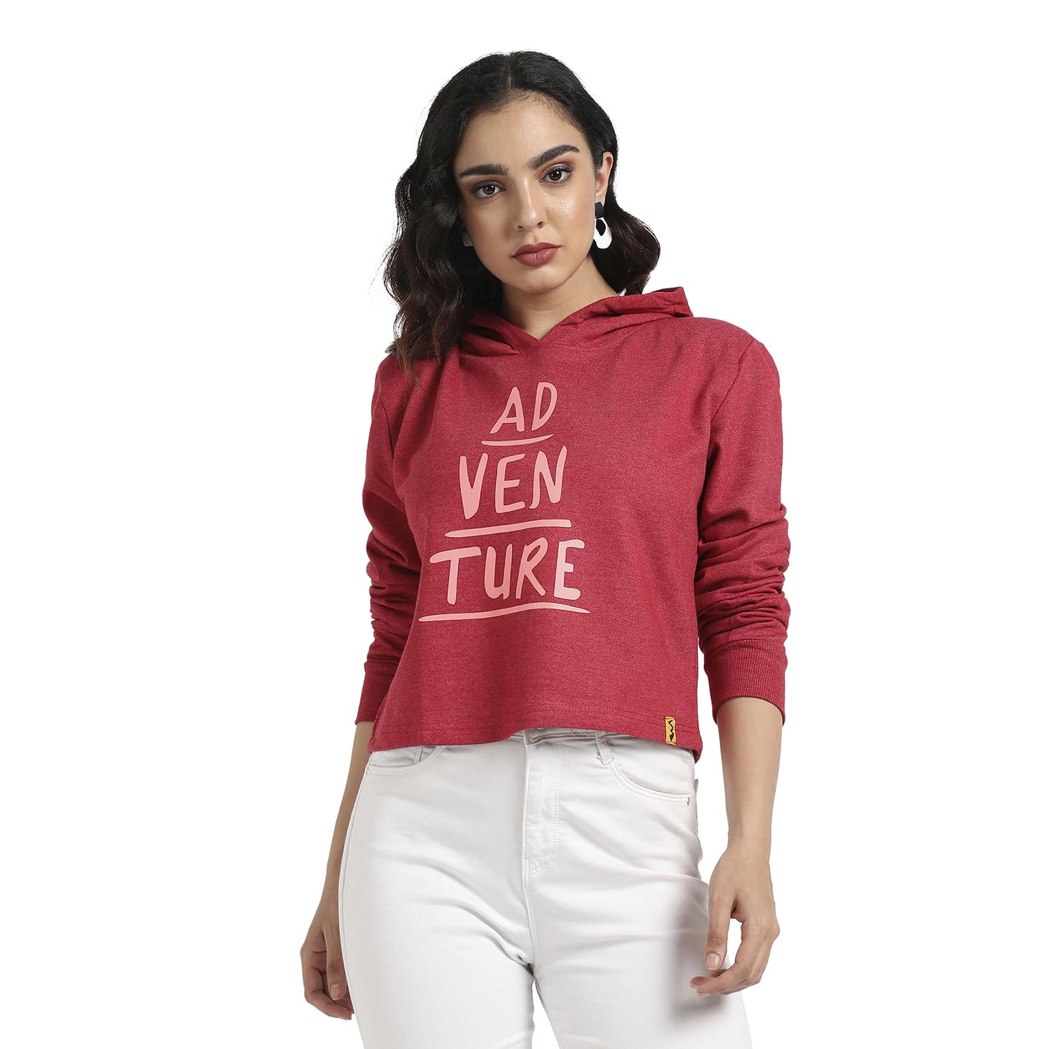 Campus Sutra Womens Red Adventure Hoodie with Contrast Drawstring for Casual Wear | Hooded Neck | Long Sleeve | Drawstring Clos