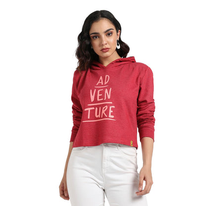 Campus Sutra Womens Red Adventure Hoodie with Contrast Drawstring for Casual Wear | Hooded Neck | Long Sleeve | Drawstring Clos