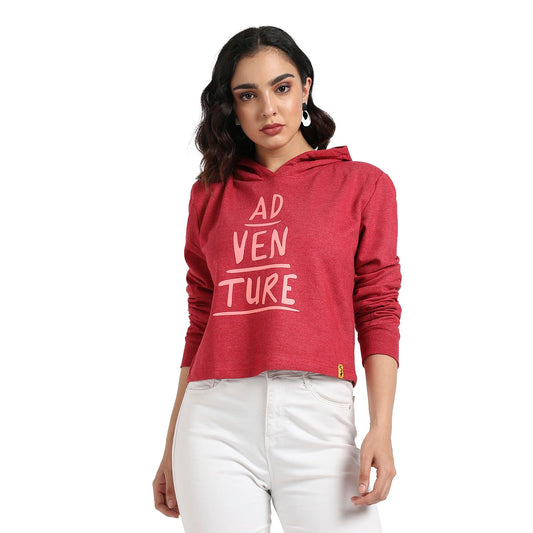 Campus Sutra Womens Red Adventure Hoodie with Contrast Drawstring for Casual Wear | Hooded Neck | Long Sleeve | Drawstring Clos