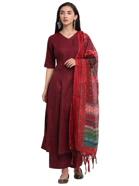 Gosriki WomenS Cotton Anarkali Kurta With Pant & Dupatta (Rani Maroon_S-Go_Maroon_Small)