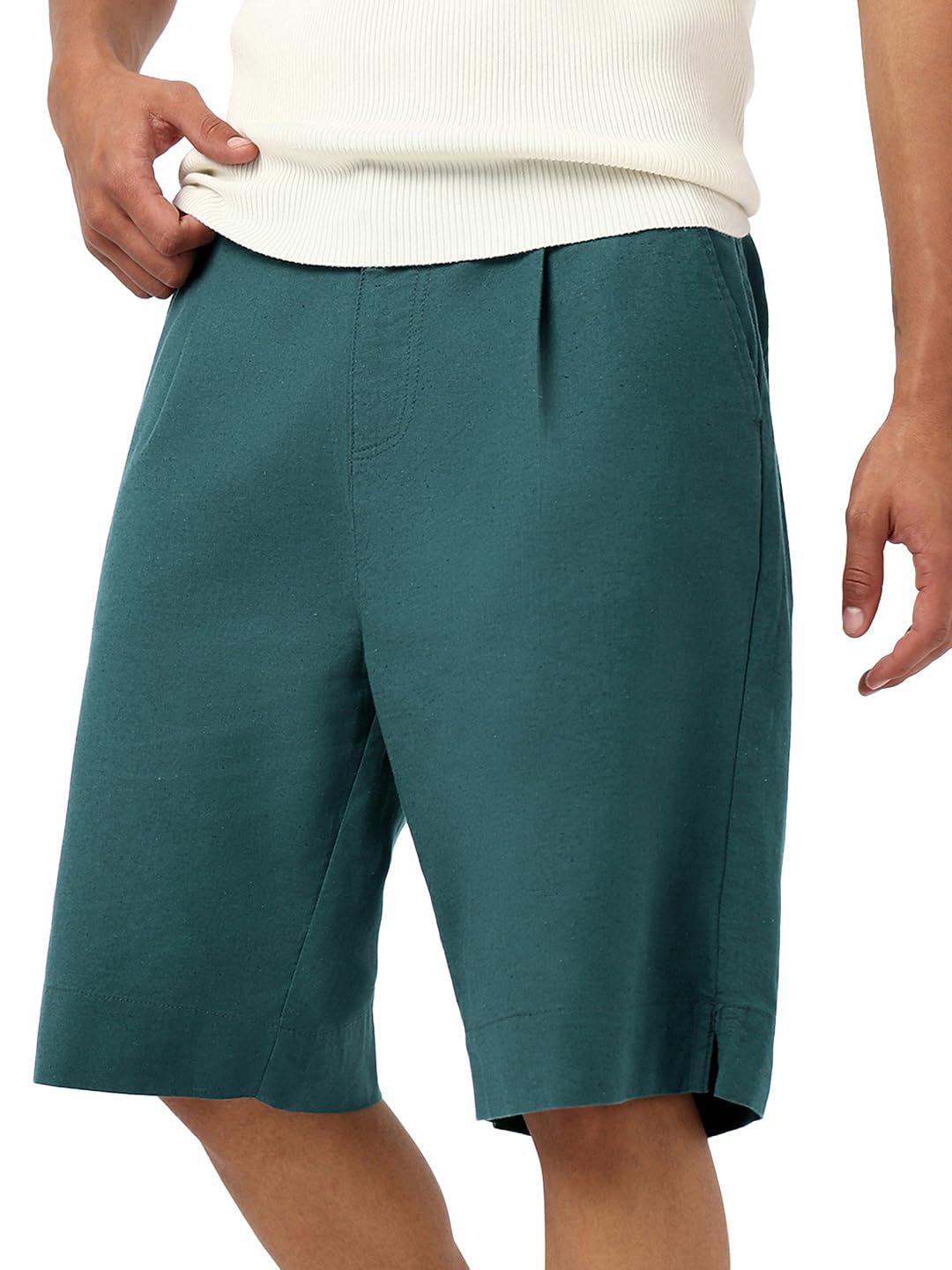 Bewakoof Mens Solid Oversized Fit Cotton Linen Blend Shorts_684290_Green_XL