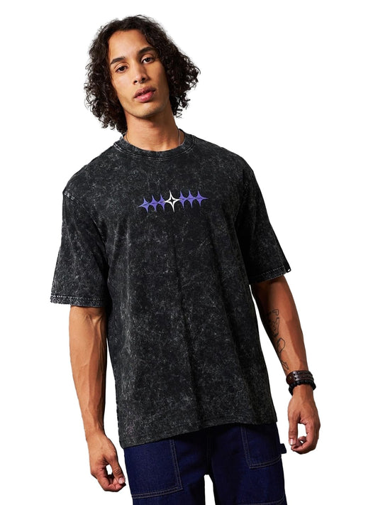 Bewakoof Mens Typography Oversized Fit Half Sleeve Round Neck Cotton Acid Wash T-Shirt_627856_Black_XL