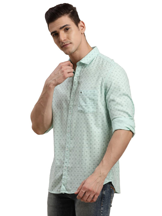 Turtle Men 100% Cotton Printed Slim Fit Light Green Casual Shirt