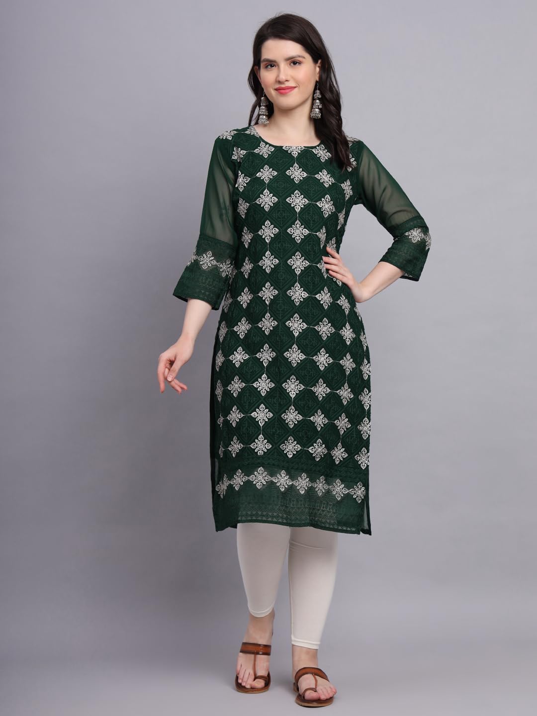 Ekasya WomenS Georgette Straight Cut Sweetheart Round Neck Kurta With Beautiful Lucknowi Chickenkari Embroidery Work (E1606) Da