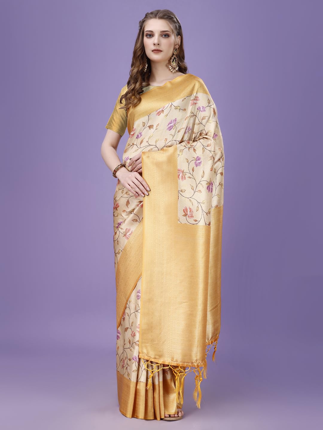 Pujia Mills Smooth Silk Saree For Women Indian Ethnic Wear Pure Silk Blend Zari Weaving Floral Digital Printed Smooth Silk Light