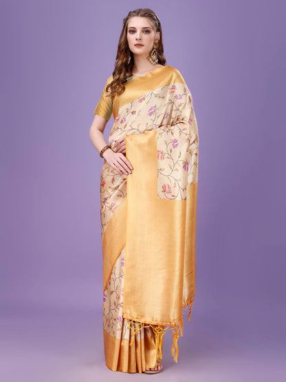 Pujia Mills Smooth Silk Saree For Women Indian Ethnic Wear Pure Silk Blend Zari Weaving Floral Digital Printed Smooth Silk Light