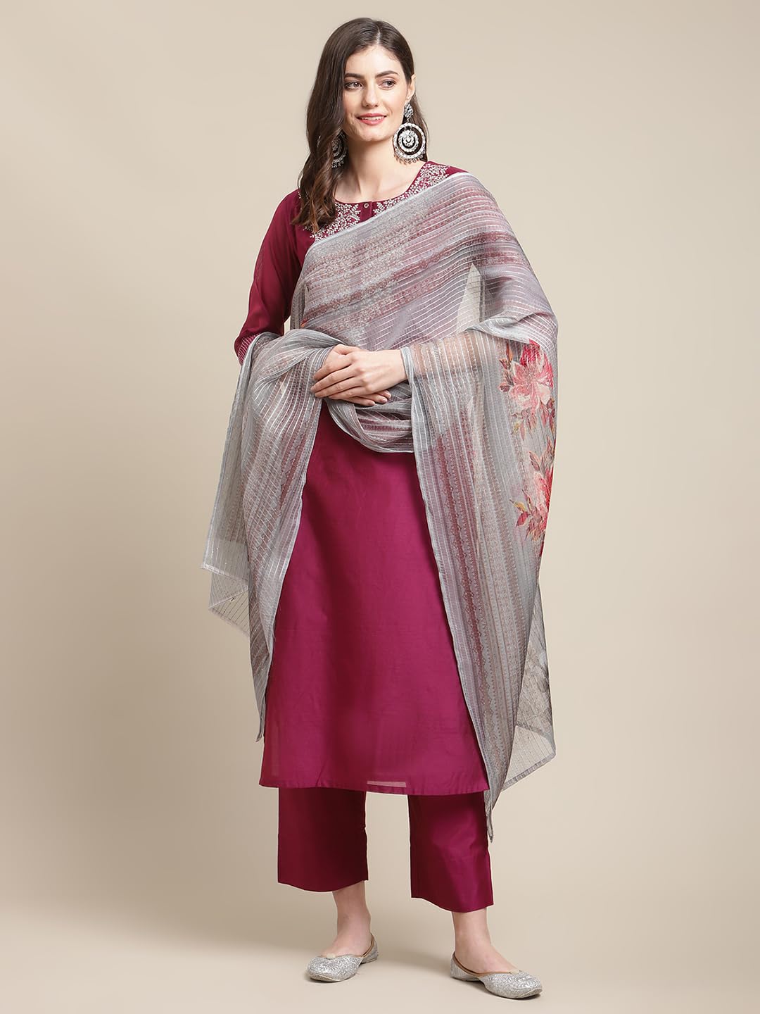 Varanga Women Magenta Zari Embroidery Kurta Trouser Set with Floral Printed Organza Dupatta  Elegant Ethnic Wear for Women, Perf