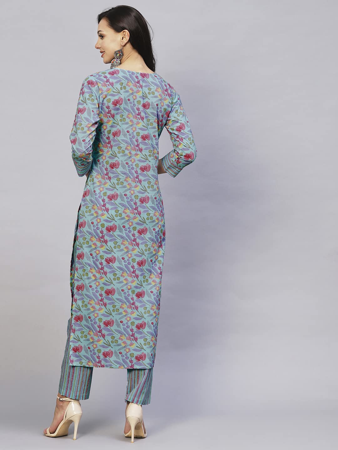 GoSriKi Women's Cotton Blend Printed Straight Kurta with Pant (Nand Blue-GS)