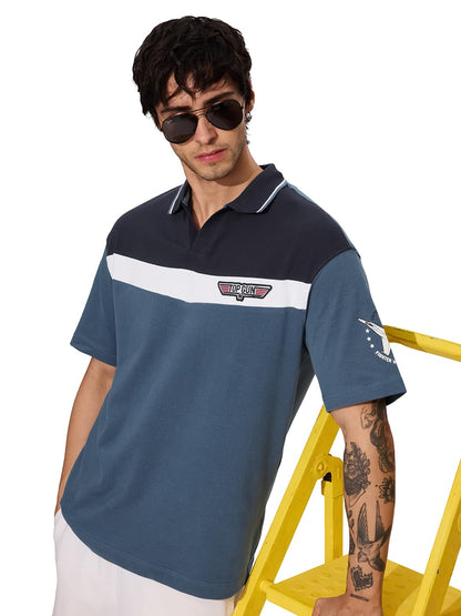 The Souled Store Official Top Gun: 1986 Men and Boys Short Sleeves Collared Neck Blue Graphic Printed Regular Fit Cotton Blend P