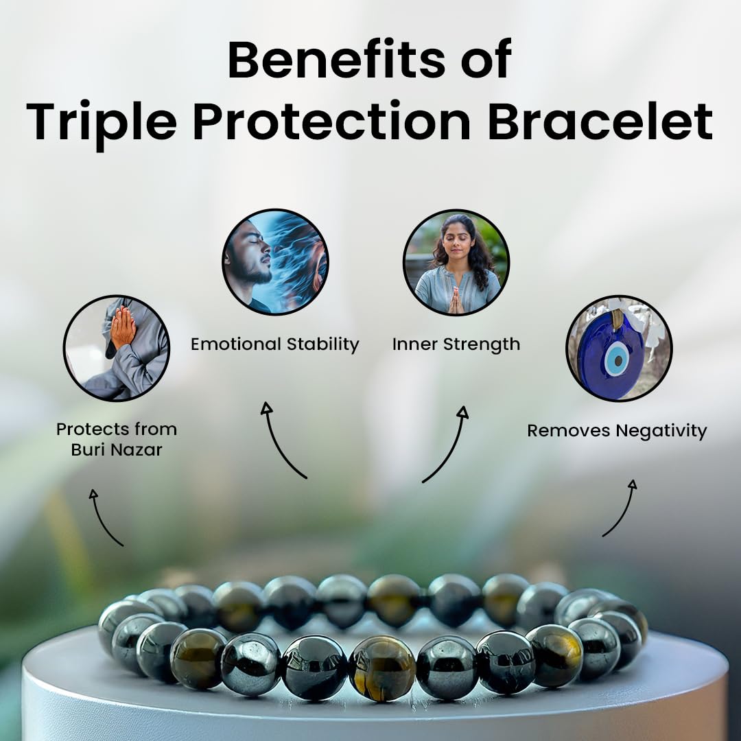 Astrotalk Triple Protection Bracelet | Shields Against Negativity & Enhances Strength | Black Obsidian, Hematite, Tiger Eye | Crystal Bracelet for Women & Men