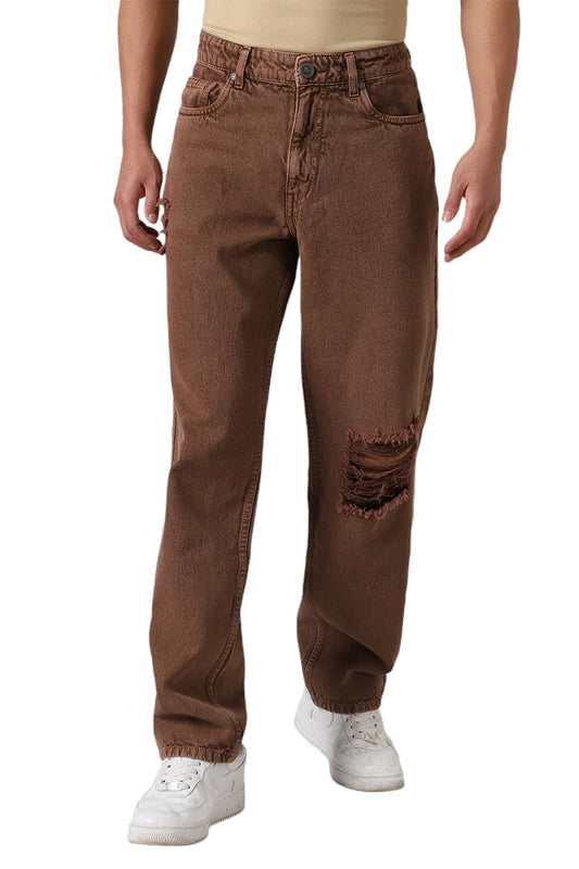 Hubberholme Men Cotton Casual Washed Relaxed Fit Mid-Rise Jeans Brown