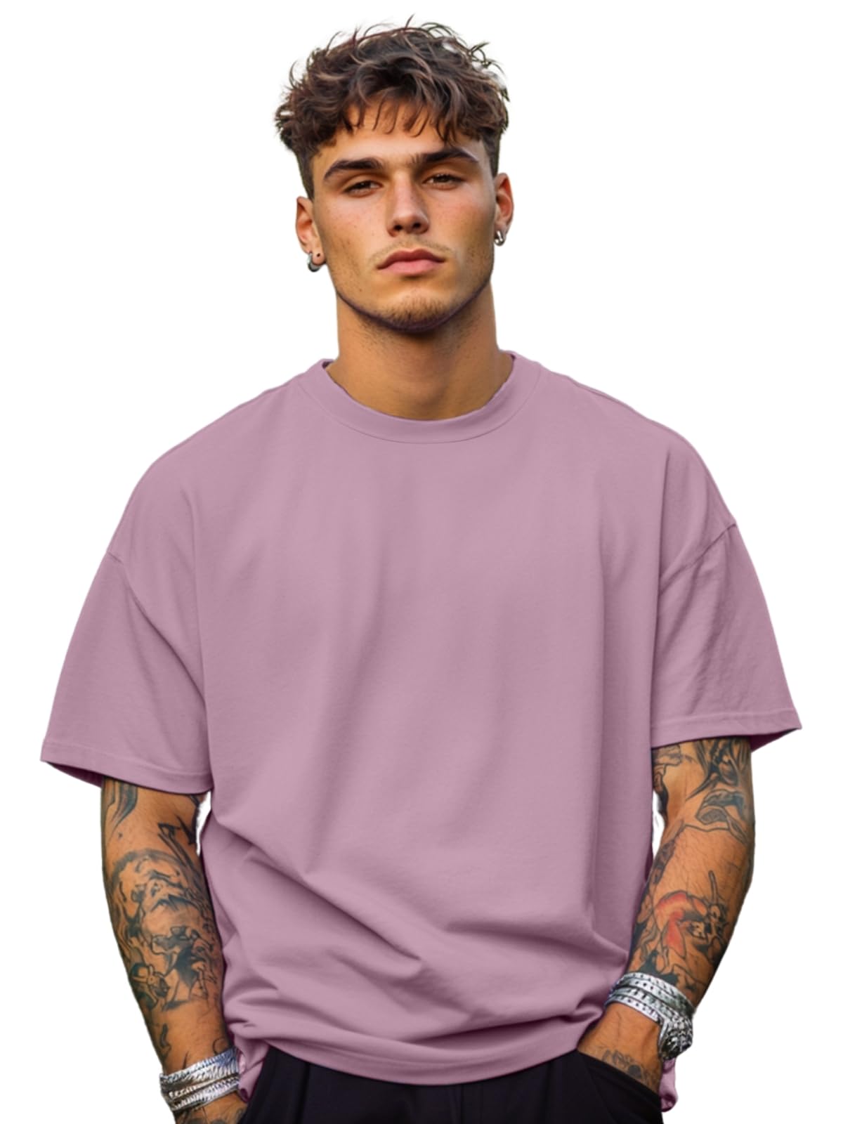 Veirdolilac Oversized Baggy Fit Drop Shoulder Short Sleeve Round Neck Solid Cotton T-Shirt