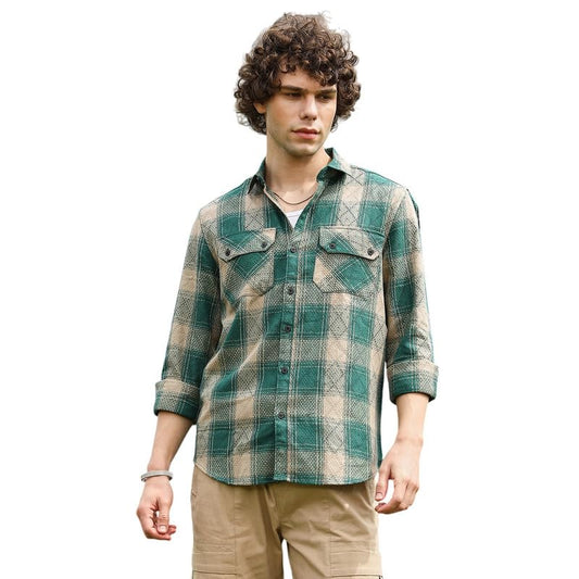 Campus Sutra Mens Emerald Green & Sand Beige Buffalo Check Utility Shirt for Casual Wear | Spread Collar | Long Cuffed Sleeves