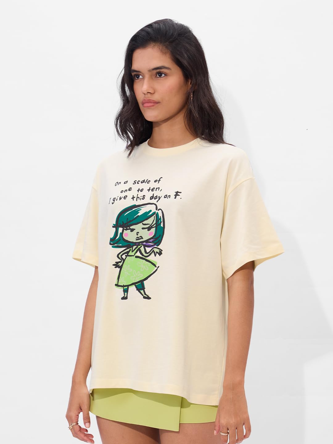 The Souled Store Official Inside Out Originals: Disgust Women and Girls Short Sleeve Round Neck Black Graphic Printed Cotton Ove