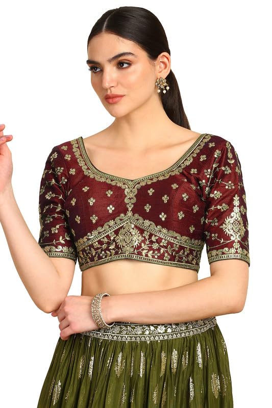 Soch Womens Maroon Zari Embroidered Silk Blend Padded Blouse With Sequins