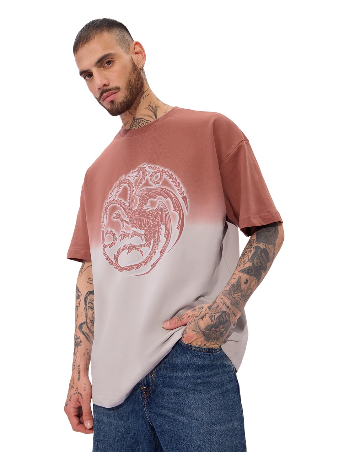 The Souled Store Official House of Dragon: Ombre Logo Oversized T-Shirt for Men Boys Cotton Casual Half Sleeves Baggy Loose Fit