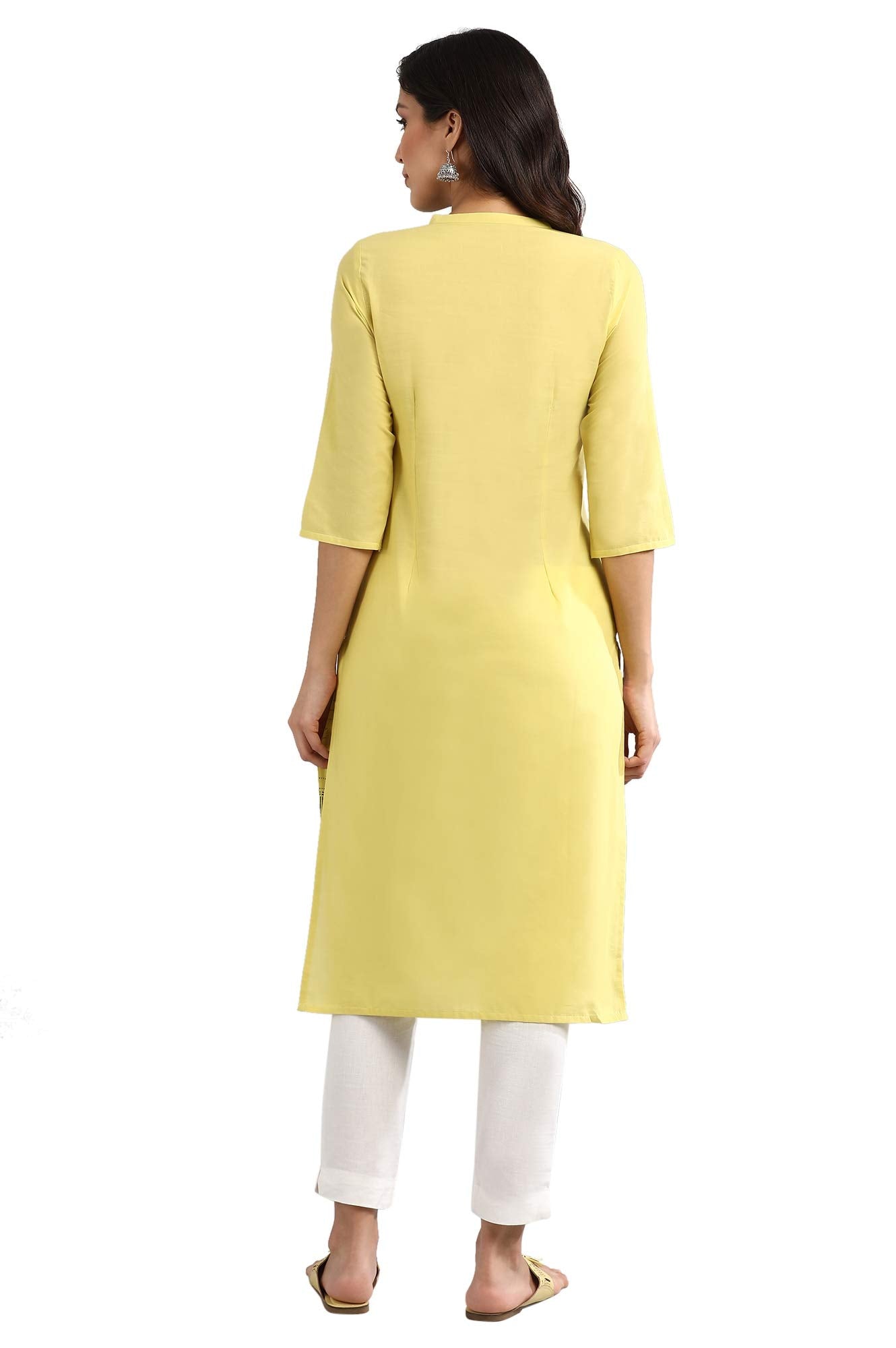 Aurelia Women's Cotton Yellow Floral Mandarin Collar Straight Kurta