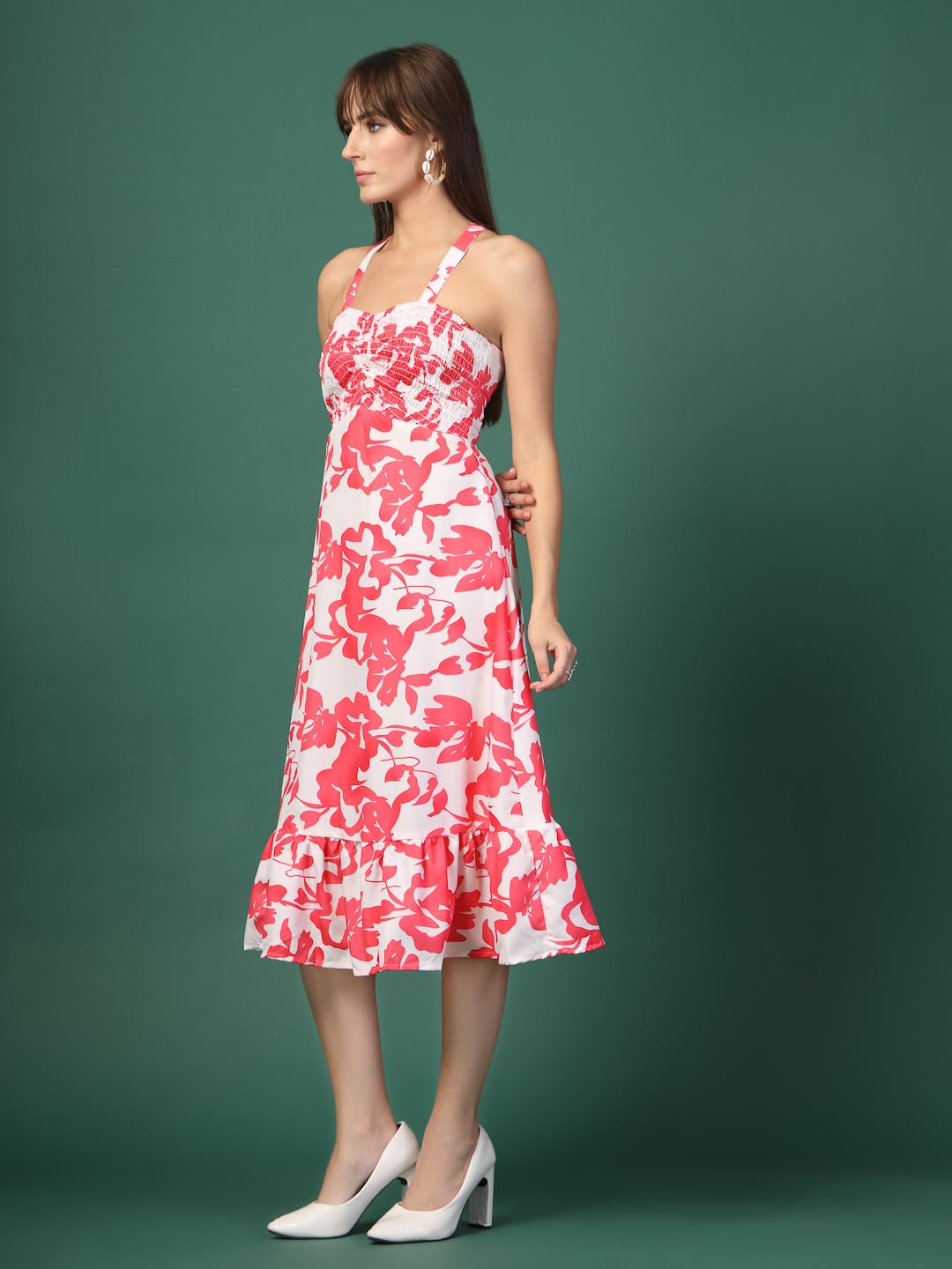 Oomph! WomenS Western & Fusion Wear Printed Crepe Dress For Women, Smocked Bodice, White - Md1052