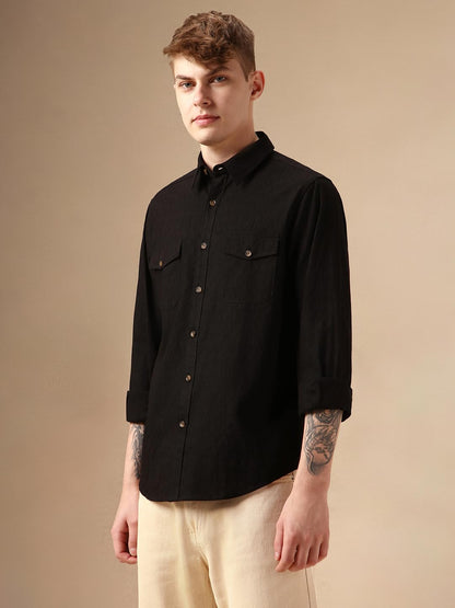 Dennis Lingo Men Black 100% Cotton Full Sleeve Spread Collar Self Design Shirts