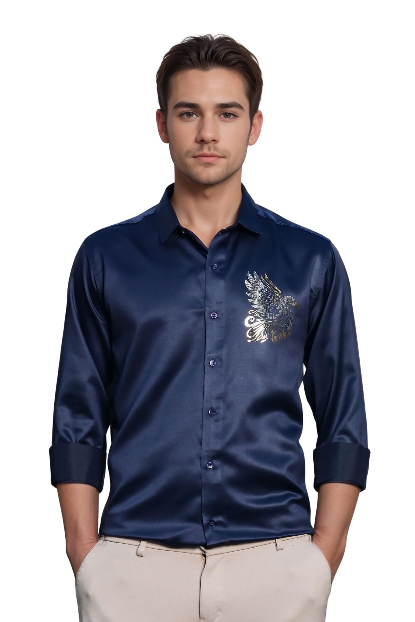 Indoprimo MenS Stylish Long Sleeve Satin Sequence Print Shirt Navy