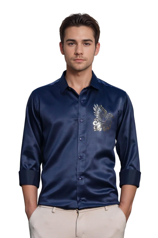 Indoprimo MenS Stylish Long Sleeve Satin Sequence Print Shirt Navy