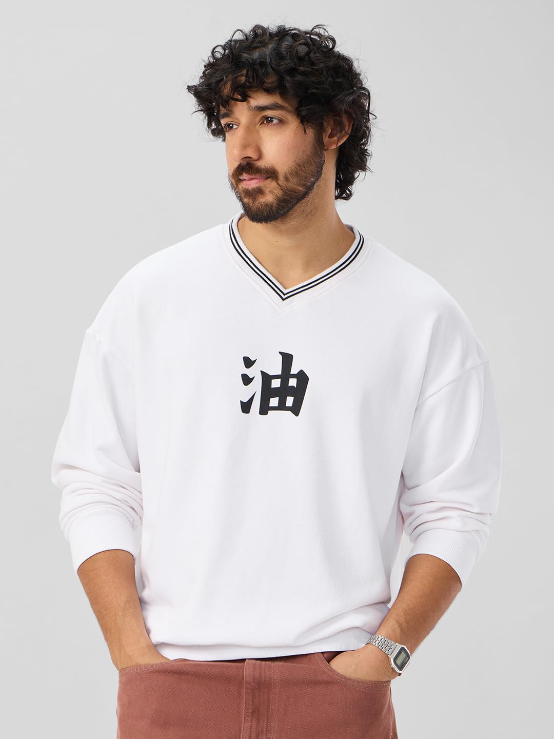 The Souled Store Naruto Shippuden: Toad Sage Men and Boys Long Sleeves V Neck White Graphic Printed Cotton Blend Oversized Sweat