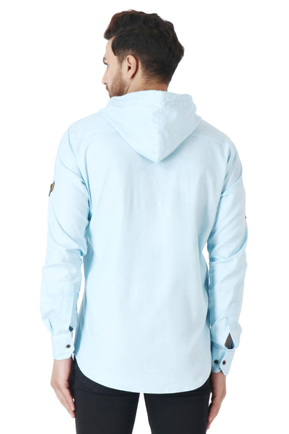 Besix MenS Blue Tailored Fit Cotton Blend Shirt For Man With Hoodie - Casual Long Sleeve Shirt With Pockets - Patch Detail For