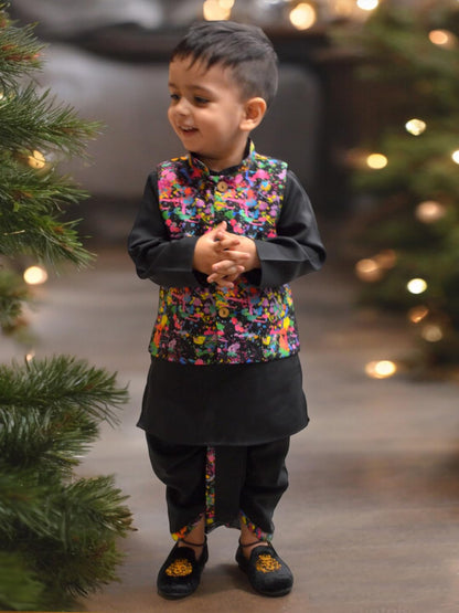 A.T.U.N. (All Things Uber Nice) Boys Black Kurta Dhoti With Splash Printed Nehru Jacket (3 Piece Set)