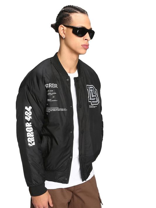 Bewakoof Mens Typography Oversized Fit Full Sleeve Stand Collar Nylon Bomber Jacket_498953_Black_XL