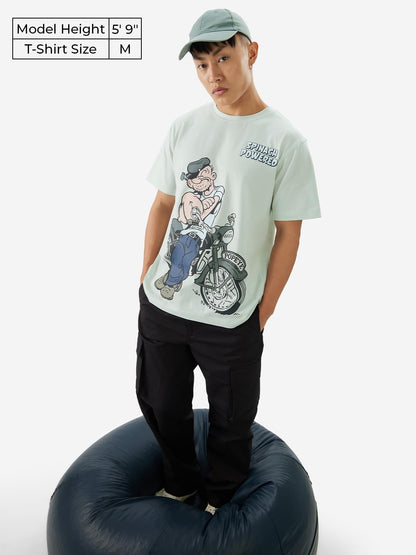 The Souled Store Official Popeye: Spinach Powered Men and Boys Short Sleeve Round Neck Blue Graphic Printed Regular Fit Cotton T