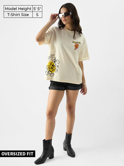 The Souled Store Official Garfield: Attitude Women and Girls Oversize Fit Half Sleeves Graphic Printed Cotton Beige Color T-Shir
