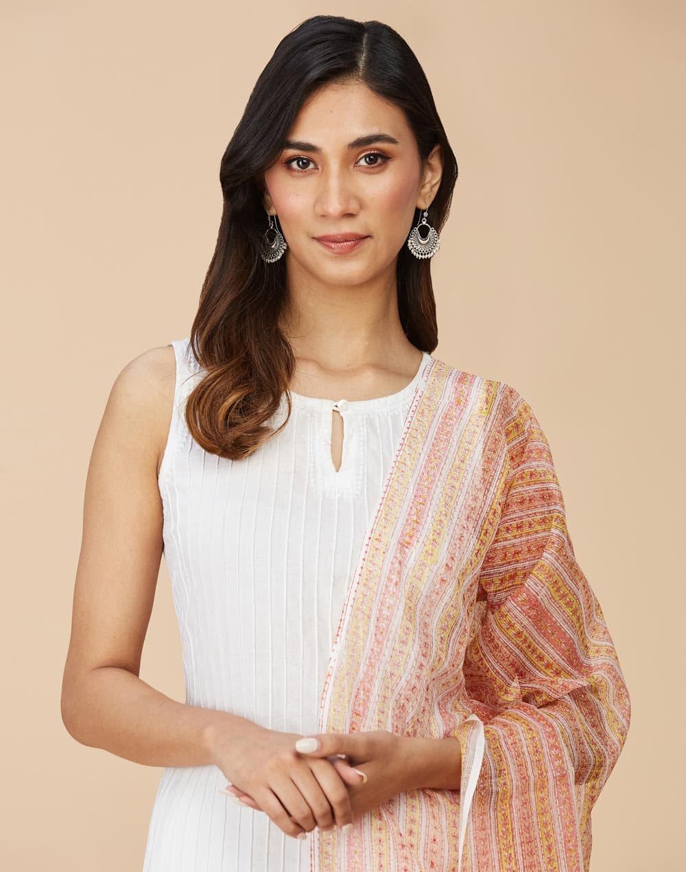 Fabindia Orange Cotton Silk Hand Block Printed Dupatta | Free Size | Celebration | 1 Dupatta - 2111820PEACH