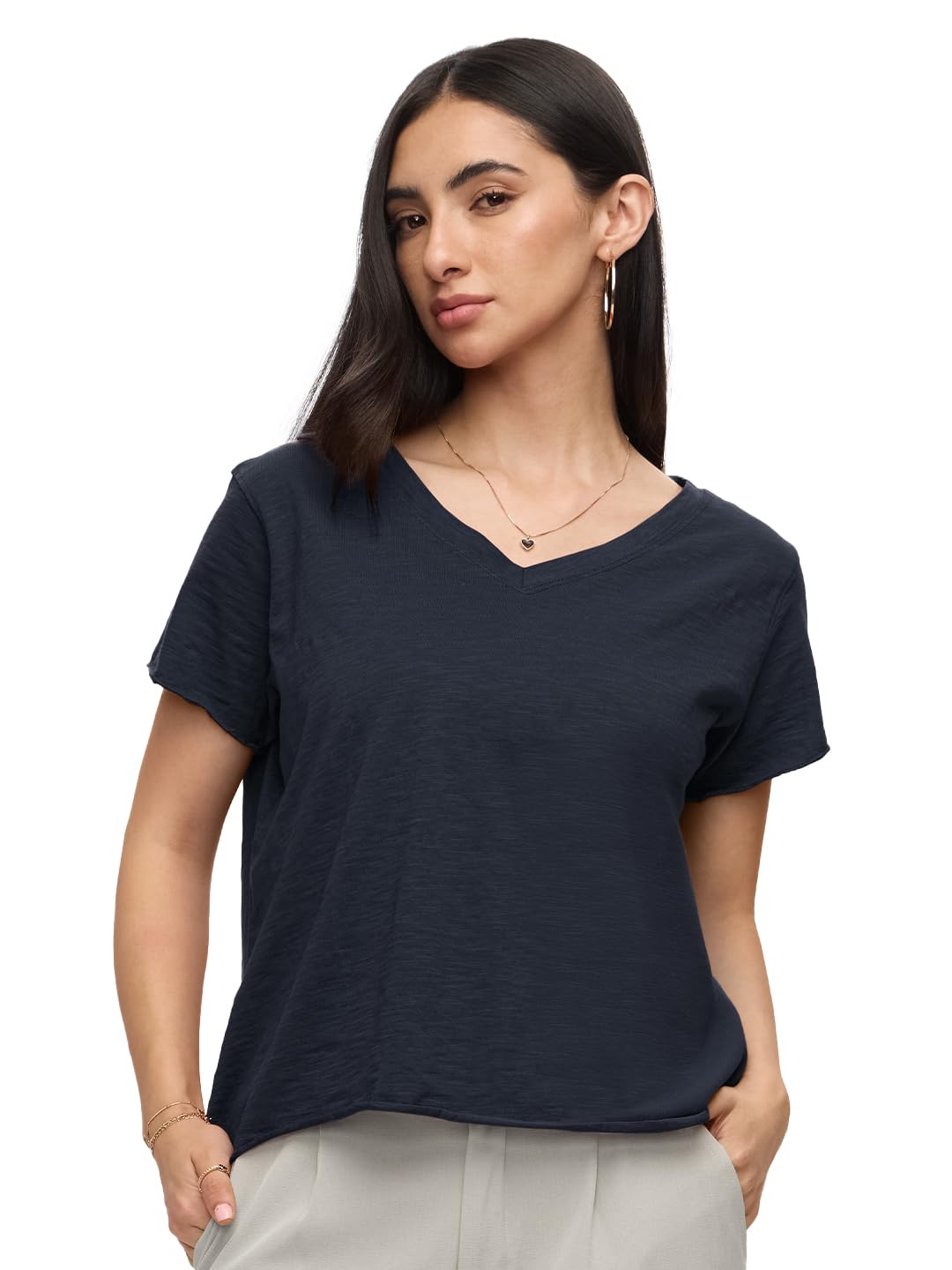 The Souled Store Slub T-Shirt: Navy Blue Women and Girls Short Sleeves Round Neck Cotton Relaxed Fit T-Shirts