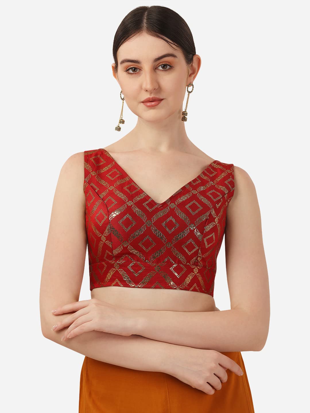 OOMPH! Womens Indian Ethnic Wear Designer Zari Work V Neck Sleeveless Blouse for Saree or Lehnga and BlousePalazzos or Skirts f