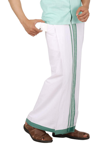Prakasam Cotton MenS Green Border Dhoti With Welcro Pocket (Moon Green)
