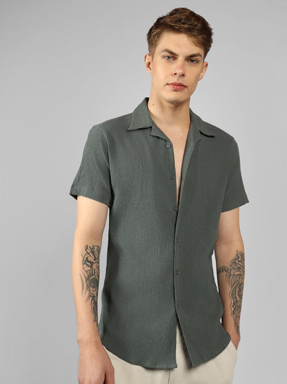 Dennis Lingo MenS| Dark Grey| Half Sleeve| Cuban Collar| Striped| Relaxed Fit| Casual Shirt